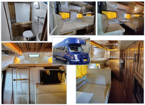 8 seater force traveller caravan with toilet washroom kitchen modifications designers in delhi